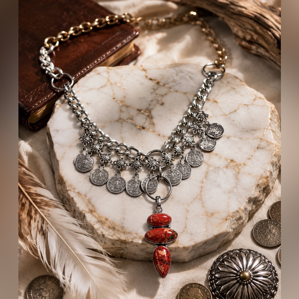 Artisan Handcrafted RED BRECCIATED JASPER Pendant Necklace Coins Up Cycled OOAK - Picture 5 of 16